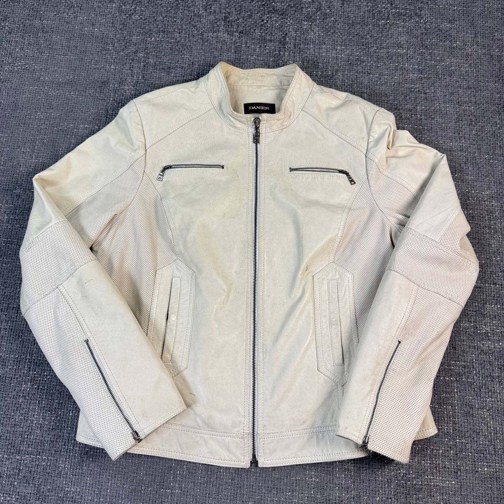 Danier Leather Moto Jacket Womens Large Off-White Perforated Cafe Racer